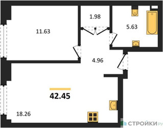 Планировка однокомнатной(квартира) площадью 42.45 квадратных метров в ЖК “ЖК "Гранд Фили"”