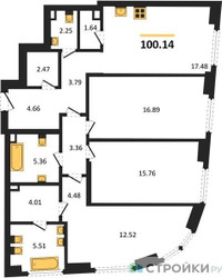 Планировка трехкомнатной(квартира) площадью 100.14 квадратных метров в ЖК “ЖК Гранд Фили”