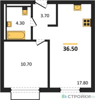 Планировка однокомнатной(квартира) площадью 36.5 квадратных метров в “ЖК Равновесие”