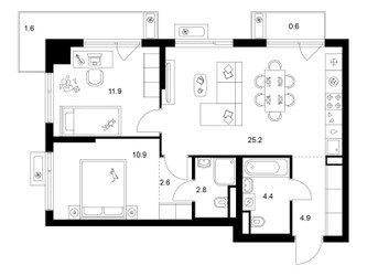 Планировка двухкомнатной(квартира) площадью 64.9 квадратных метров в ЖК “ЖК Алтуфьевское 53”