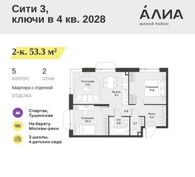 Планировка двухкомнатной(квартира) площадью 53.3 квадратных метров в ЖК “ЖК АЛИА”