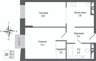 Планировка двухкомнатной(квартира) площадью 44.4 квадратных метров в “ЖК КИНОКВАРТАЛ”