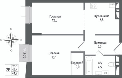Планировка двухкомнатной(квартира) площадью 44.4 квадратных метров в ЖК “ЖК КИНОКВАРТАЛ”