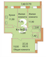 Планировка трехкомнатной(квартира) площадью 69.1 квадратных метров в “ЖК Дом у реки”