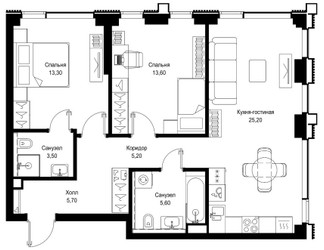 Планировка двухкомнатной(квартира) площадью 72.1 квадратных метров в ЖК “ЖК Cityzen (Ситизен)”