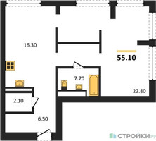 Планировка однокомнатной(квартира) площадью 55.1 квадратных метров в “ЖК Квартал Издание”