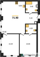 Планировка двухкомнатной(квартира) площадью 71.9 квадратных метров в “ЖК Мангазея на Тульской”