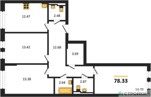 Планировка трехкомнатной(квартира) площадью 78.33 квадратных метров в “ЖК Остафьево”