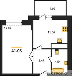 Планировка однокомнатной(квартира) площадью 41.05 квадратных метров в ЖК “ЖК ВОСТОК II”