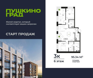 Планировка трехкомнатной(квартира) площадью 95.34 квадратных метров в ЖК “ЖК Пушкино Град”
