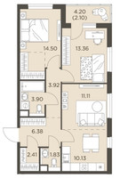 Планировка трехкомнатной(квартира) площадью 69.64 квадратных метров в “ЖК Одинград”