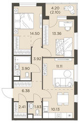 Планировка трехкомнатной(квартира) площадью 69.64 квадратных метров в ЖК “ЖК Одинград”