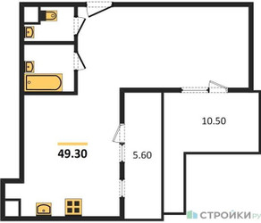 Планировка двухкомнатной(квартира) площадью 49.3 квадратных метров в ЖК “ЖК Римский”