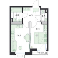 Планировка однокомнатной(квартира) площадью 38.3 квадратных метров в “ЖК G3 Михалевич”