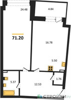 Планировка однокомнатной(апартаменты) площадью 71.2 квадратных метров в “ЖК Маршал”