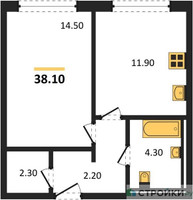 Планировка однокомнатной(квартира) площадью 38.1 квадратных метров в “ЖК Равновесие”