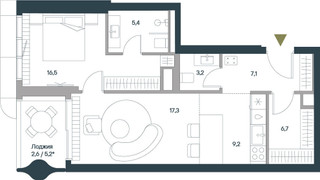 Планировка двухкомнатной(квартира) площадью 68 квадратных метров в “ЖК Springs (Спрингс)”