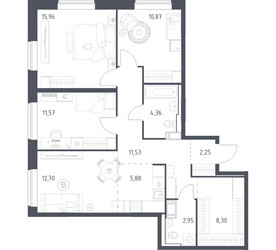 Планировка трехкомнатной(квартира) площадью 85.4 квадратных метров в ЖК “ЖК Алхимово”