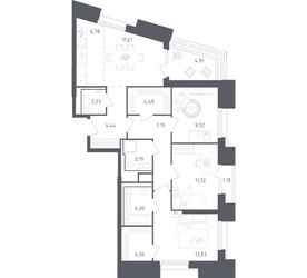 Планировка трехкомнатной(апартаменты) площадью 89.76 квадратных метров в ЖК “ЖК Скай Спутник”