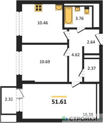 Планировка двухкомнатной(квартира) площадью 51.61 квадратных метров в ЖК “ЖК Квартал Марьино”