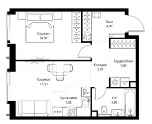 Планировка двухкомнатной(квартира) площадью 50 квадратных метров в ЖК “ЖК Павелецкая Сити”