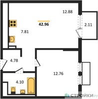 Планировка однокомнатной(квартира) площадью 42.96 квадратных метров в “ЖК Пригород Лесное”