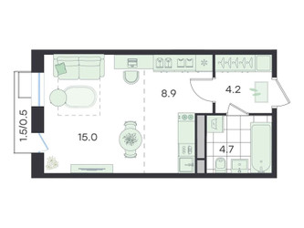 Планировка студии(квартира) площадью 33.4 квадратных метров в ЖК “ЖК G3 Театральный”