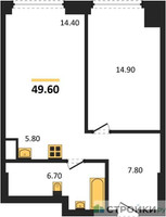 Планировка однокомнатной(квартира) площадью 49.6 квадратных метров в “ЖК Мираполис”