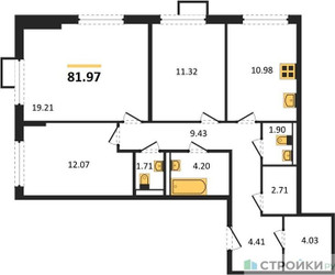 Планировка трехкомнатной(квартира) площадью 81.97 квадратных метров в ЖК “ЖК Остафьево”