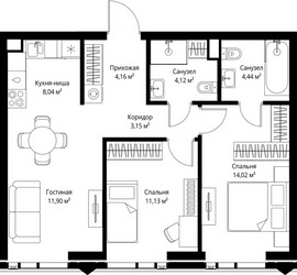 Планировка двухкомнатной(квартира) площадью 60.96 квадратных метров в ЖК “ЖК Джойс”