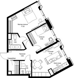 Планировка двухкомнатной(квартира) площадью 59.04 квадратных метров в ЖК “Дом премиум-класса МИРА”