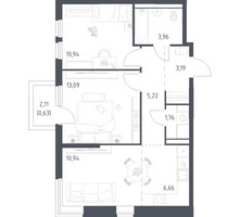 Планировка двухкомнатной(квартира) площадью 56.39 квадратных метров в “ЖК Пригород Лесное”