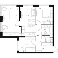 Планировка трехкомнатной(квартира) площадью 73.9 квадратных метров в “ЖК Нексус от Аквилон”