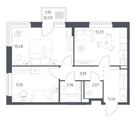 Планировка двухкомнатной(квартира) площадью 55.01 квадратных метров в ЖК “ЖК Новое Видное”