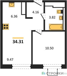 Планировка однокомнатной(квартира) площадью 34.31 квадратных метров в ЖК “ЖК Томилино Парк”