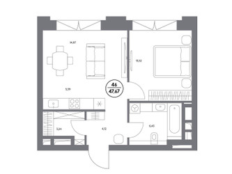 Планировка однокомнатной(квартира) площадью 47.6 квадратных метров в ЖК “ЖК Клубный дом КОСМО 4/22”