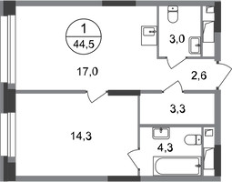 Планировка однокомнатной(квартира) площадью 44.5 квадратных метров в “ЖК Первый Московский”
