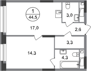 Планировка однокомнатной(квартира) площадью 44.5 квадратных метров в ЖК “ЖК Первый Московский”