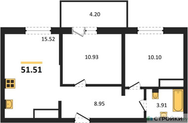 Планировка двухкомнатной(квартира) площадью 51.51 квадратных метров в ЖК “ЖК ВОСТОК II”