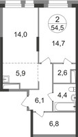 Планировка двухкомнатной(квартира) площадью 54.5 квадратных метров в “ЖК Первый Московский”