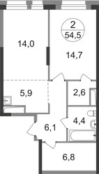 Планировка двухкомнатной(квартира) площадью 54.5 квадратных метров в ЖК “ЖК Первый Московский”