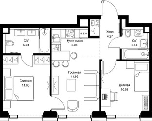 Планировка двухкомнатной(квартира) площадью 53.39 квадратных метров в ЖК “ЖК СЕТ”