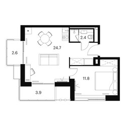 Планировка студии(апартаменты) площадью 45.4 квадратных метров в ЖК “Апарт-комплекс Аквилон Сигнал”