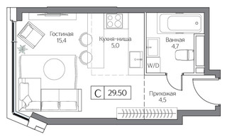 Планировка студии(квартира) площадью 29 квадратных метров в “ЖК Дрим Рива”