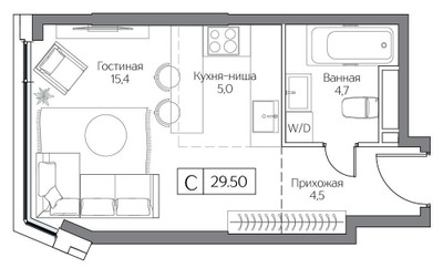 Планировка студии(квартира) площадью 29 квадратных метров в ЖК “ЖК Дрим Рива”
