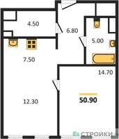 Планировка однокомнатной(квартира) площадью 50.9 квадратных метров в “ЖК Sydney City (Сидней Сити)”