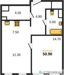Планировка однокомнатной(квартира) площадью 50.9 квадратных метров в ЖК “ЖК Sydney City (Сидней Сити)”