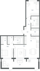 Планировка трехкомнатной(квартира) площадью 83.6 квадратных метров в ЖК “ЖК Равновесие”