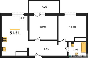 Планировка двухкомнатной(квартира) площадью 51.51 квадратных метров в “ЖК ВОСТОК II”