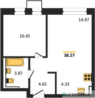 Планировка однокомнатной(квартира) площадью 38.27 квадратных метров в “ЖК Квартал Западный”